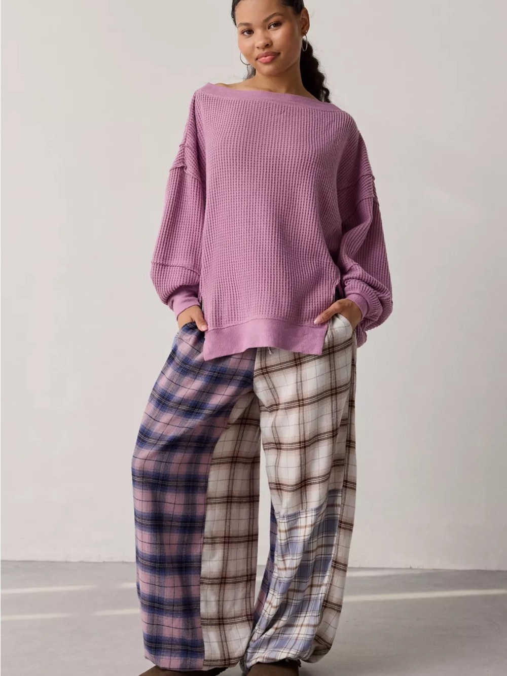 NWOT UO Out From Under Homebody Waffle Knit Oversized Off-Shoulder Top